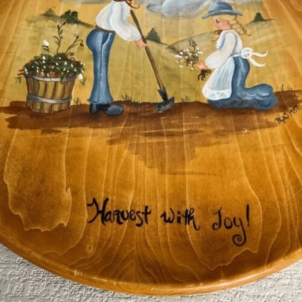 VTG 89's Folk Art Hand Painted Wooden Plate Plant with Love Harvest with Joy 14